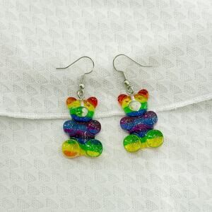 Glitter Rainbow Gummy Bear Earrings, Gummy Bear Inspired Dangle Earrings